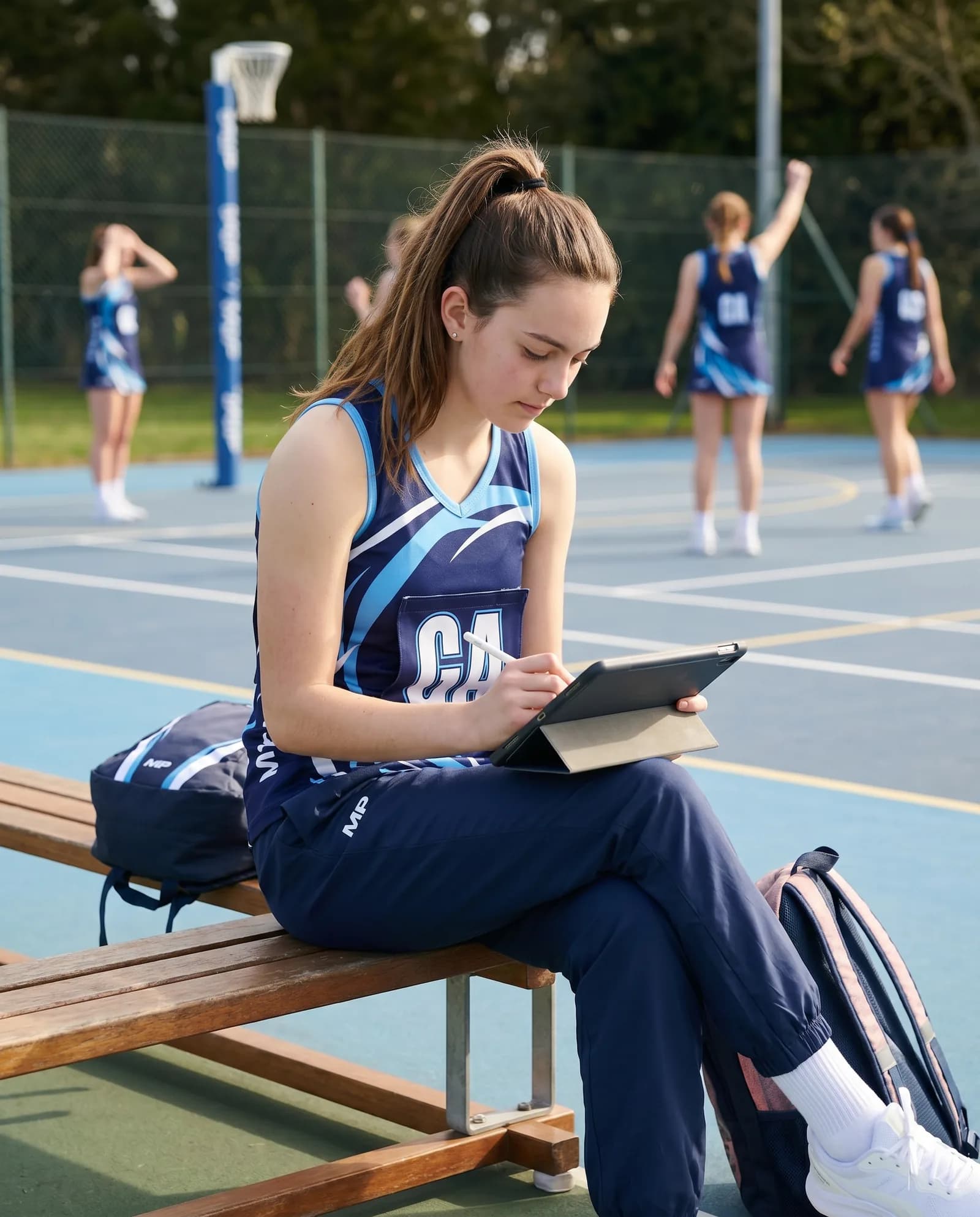 Student on a netball court bench in uniform, tablet in lap, teammates warming up in the background