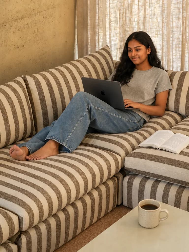 Student on a striped sofa with laptop, coffee on the side table, soft afternoon light