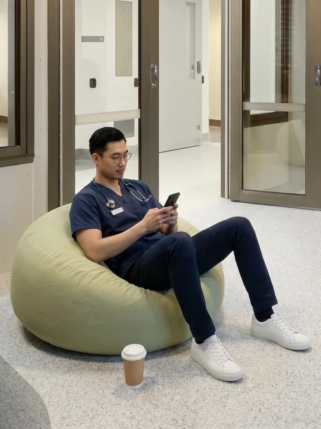 Registrar in navy scrubs sitting on a beanbag in a hospital corridor, phone in hand, takeaway coffee at his feet