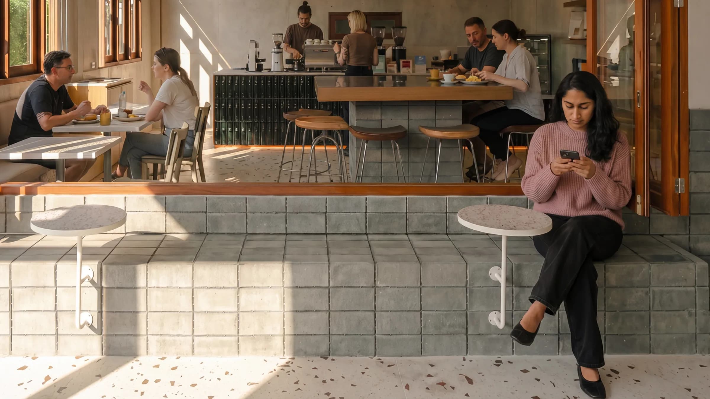 Woman on phone at cafe counter, 35mm, warm available light