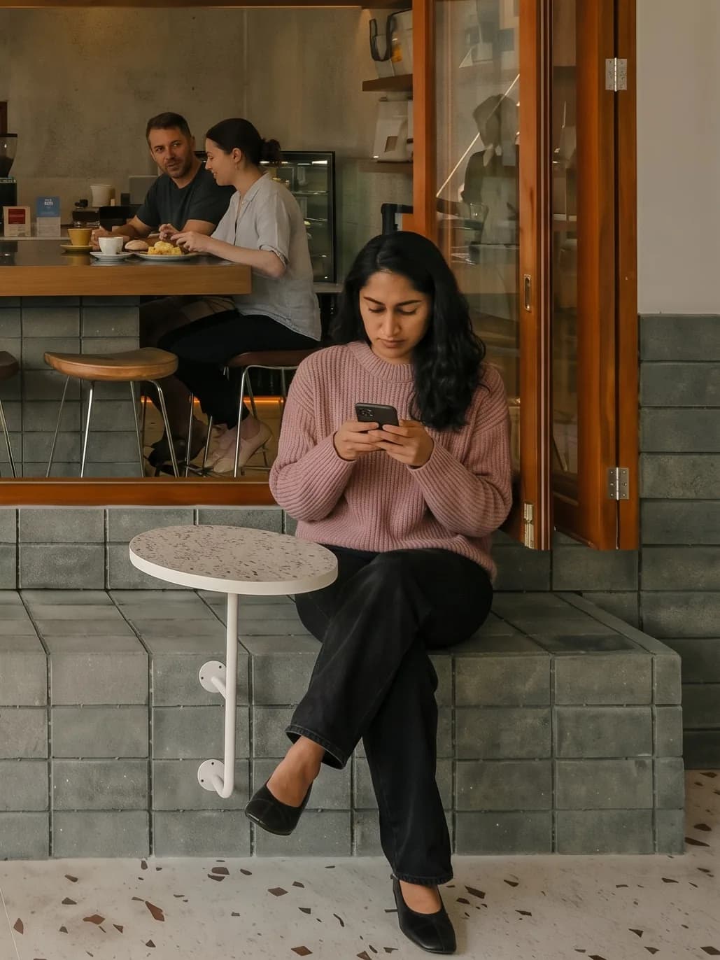 Woman at cafe counter, phone in hand, morning light