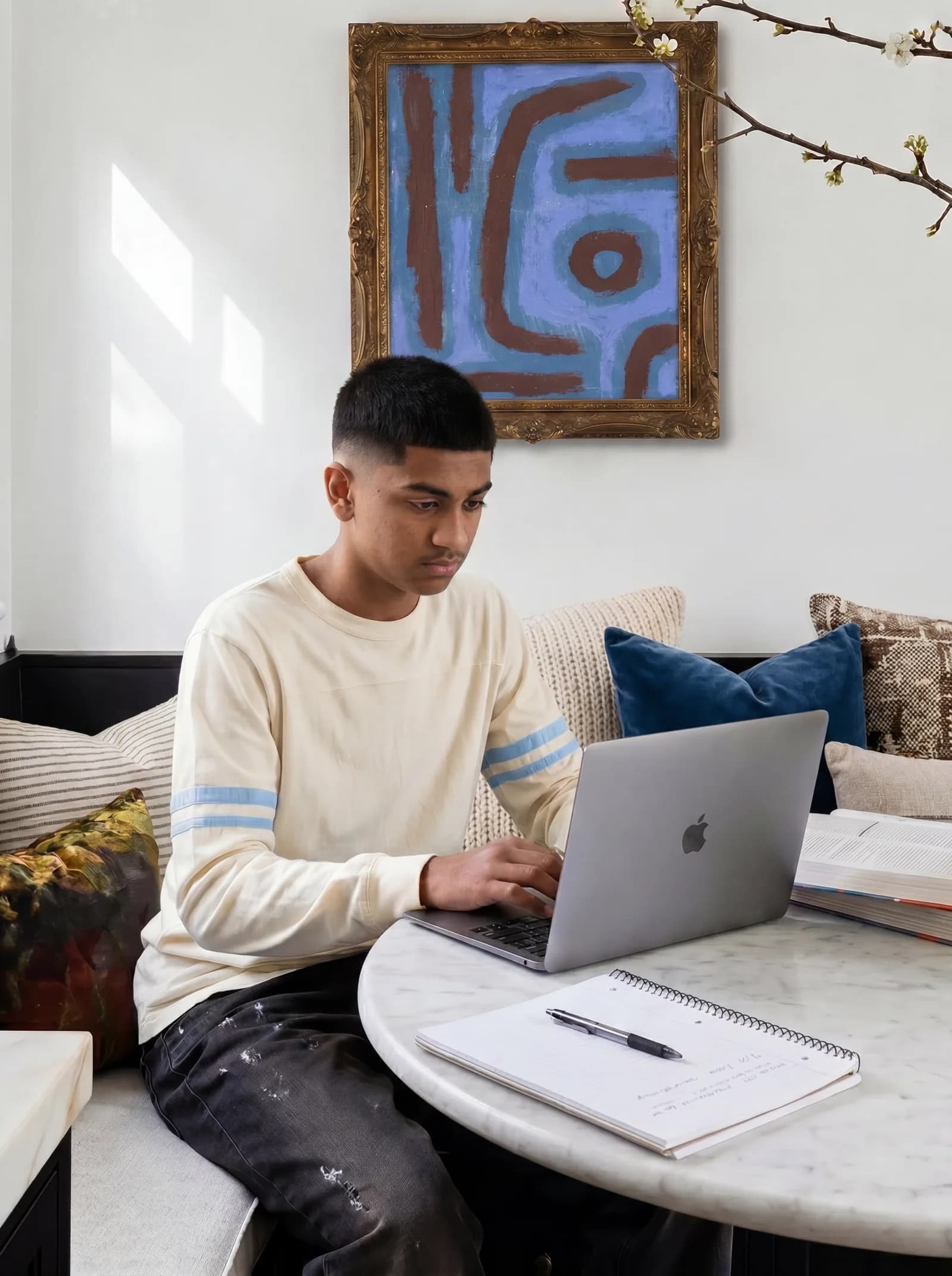 Student with laptop at a marble round table, framed artwork behind, soft daylight