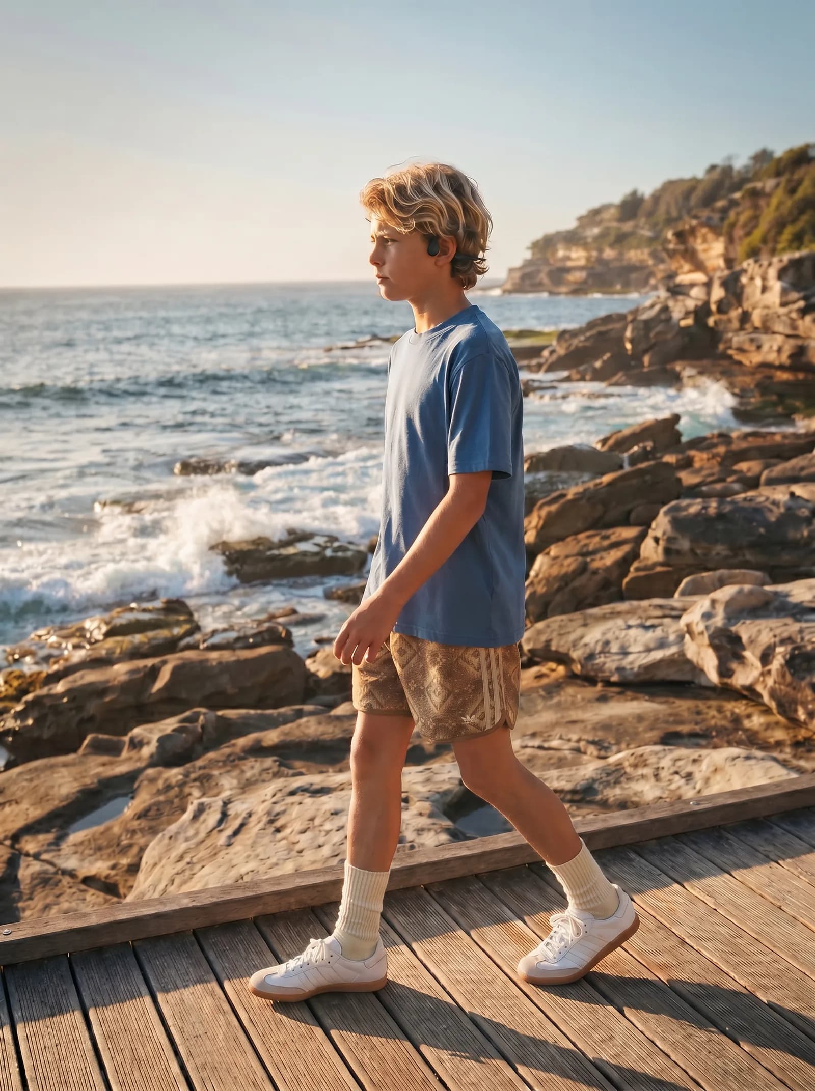 Student walking a coastal boardwalk in golden-hour light, ocean and rocks behind