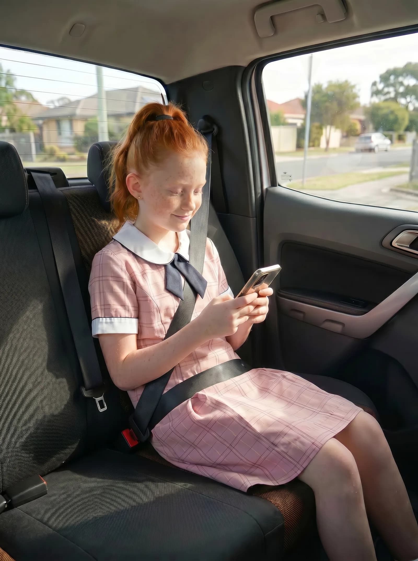 Student in school dress in the back seat of a car, phone in hand, suburban houses through the window