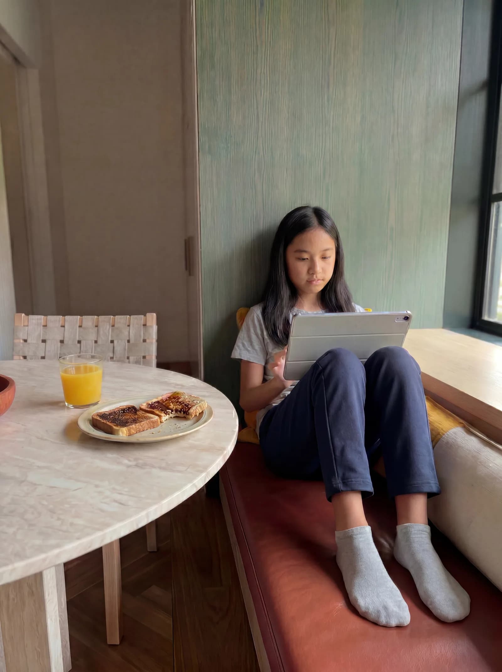 Primary-aged girl on a window bench, iPad in her lap, toast and orange juice on the marble table, morning light
