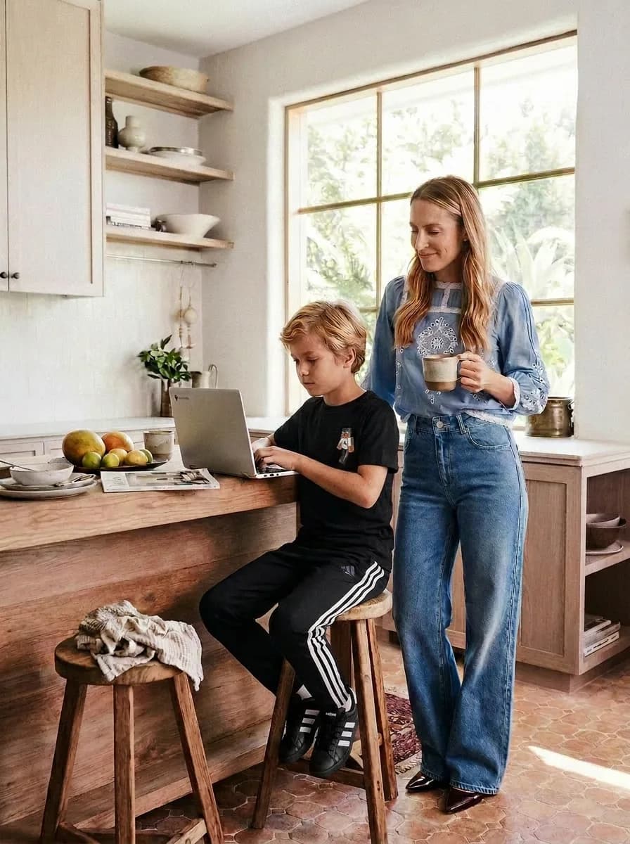 Primary-aged boy at a kitchen counter on a laptop, parent standing nearby with a coffee in hand