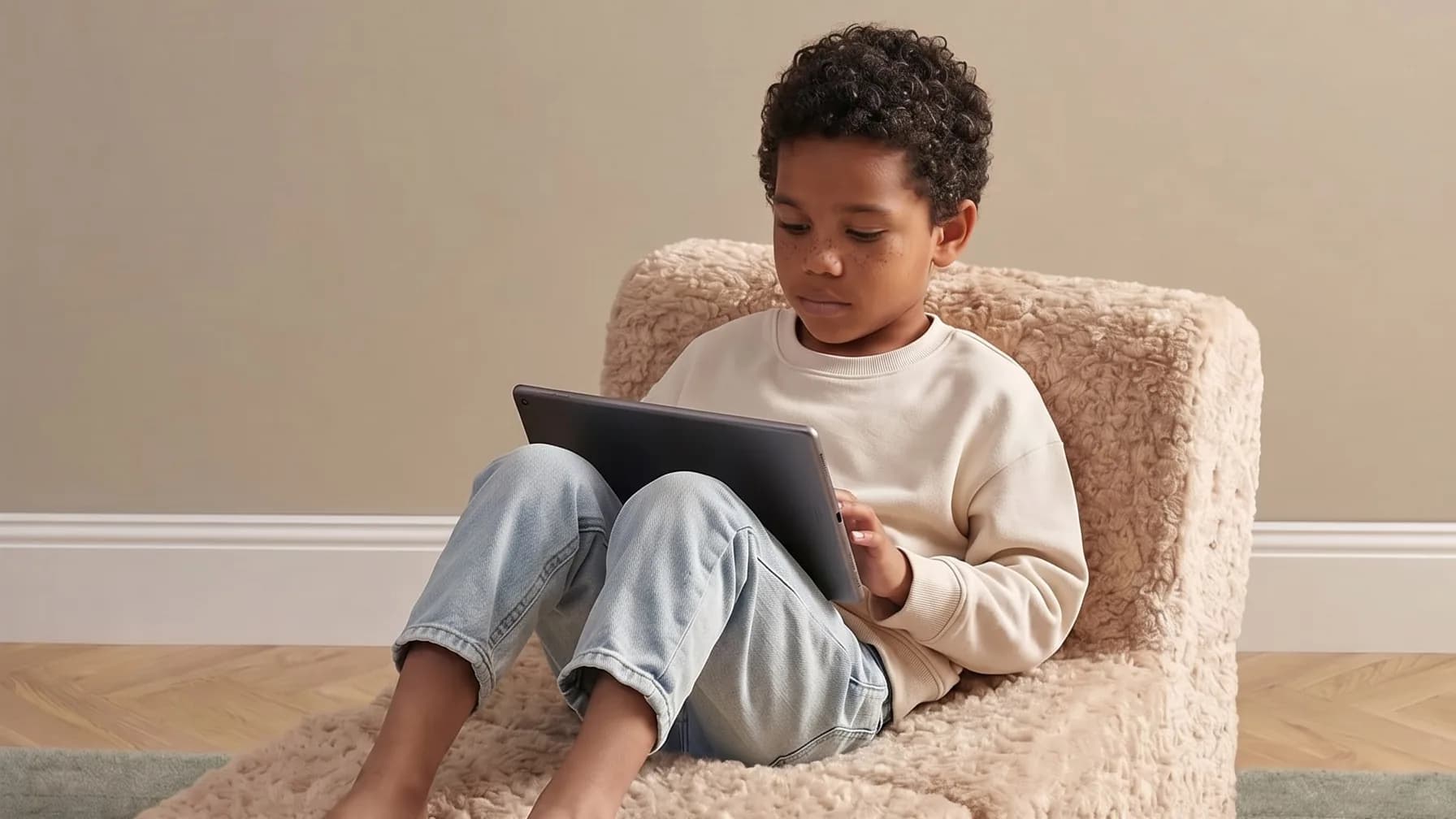 Student relaxed on couch at home, iPad in lap, natural light