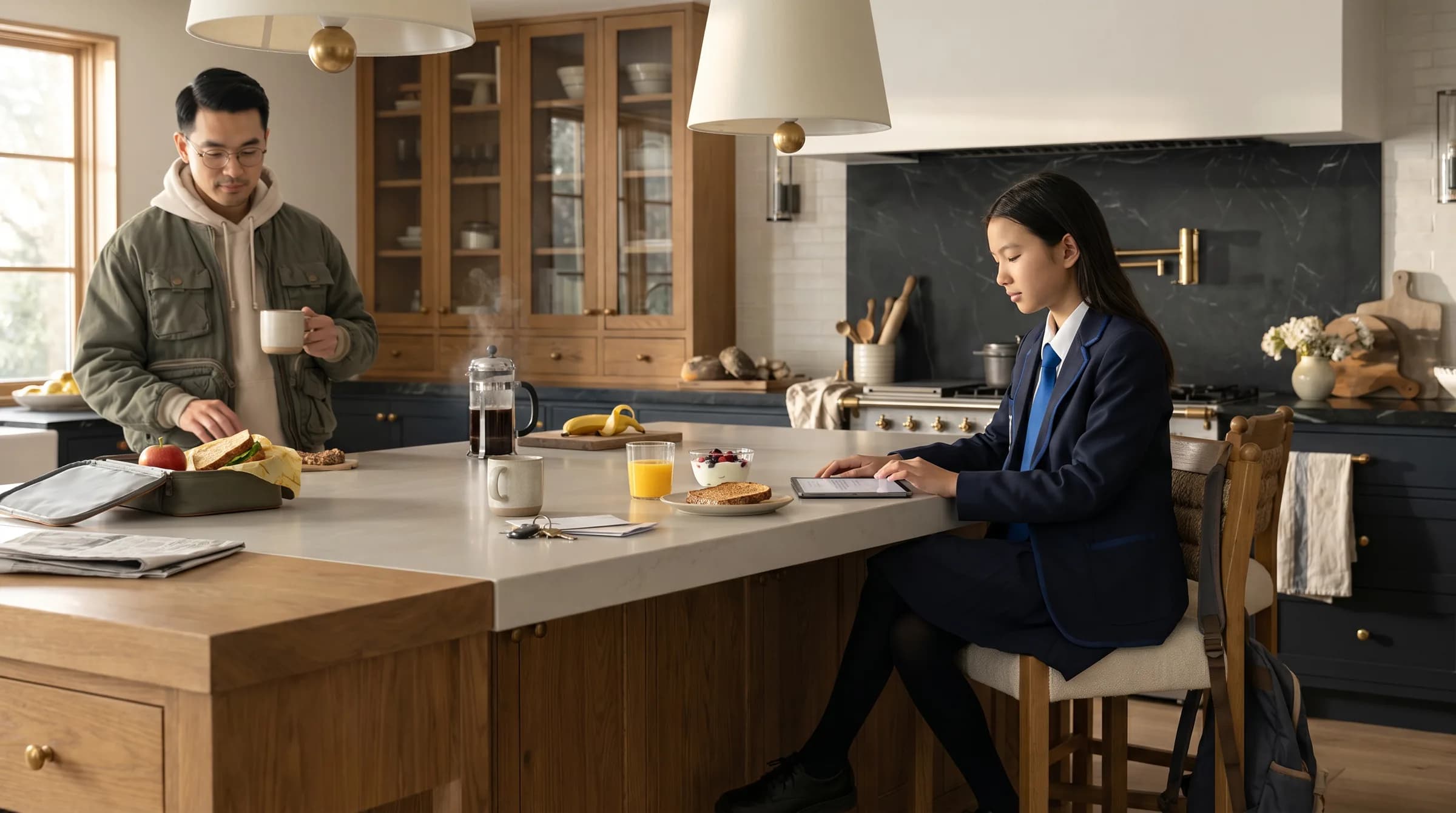 Student in uniform at kitchen bench, tablet, breakfast, morning light