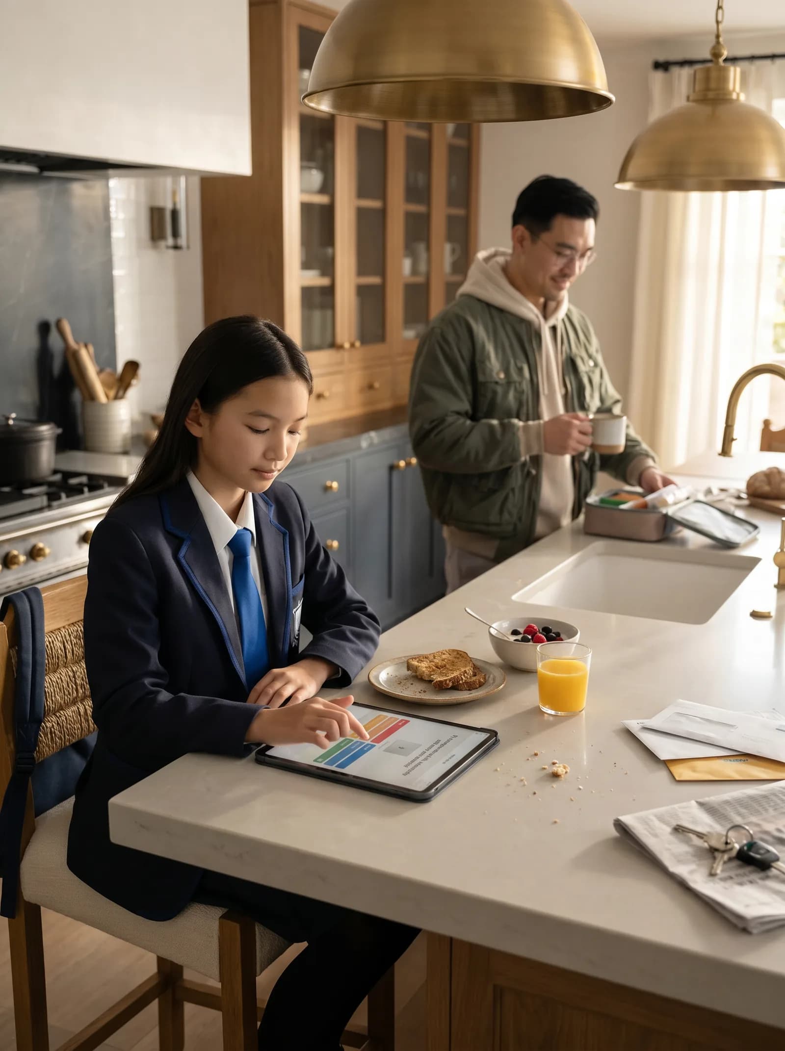 Student in uniform at kitchen bench, tablet, breakfast, morning light