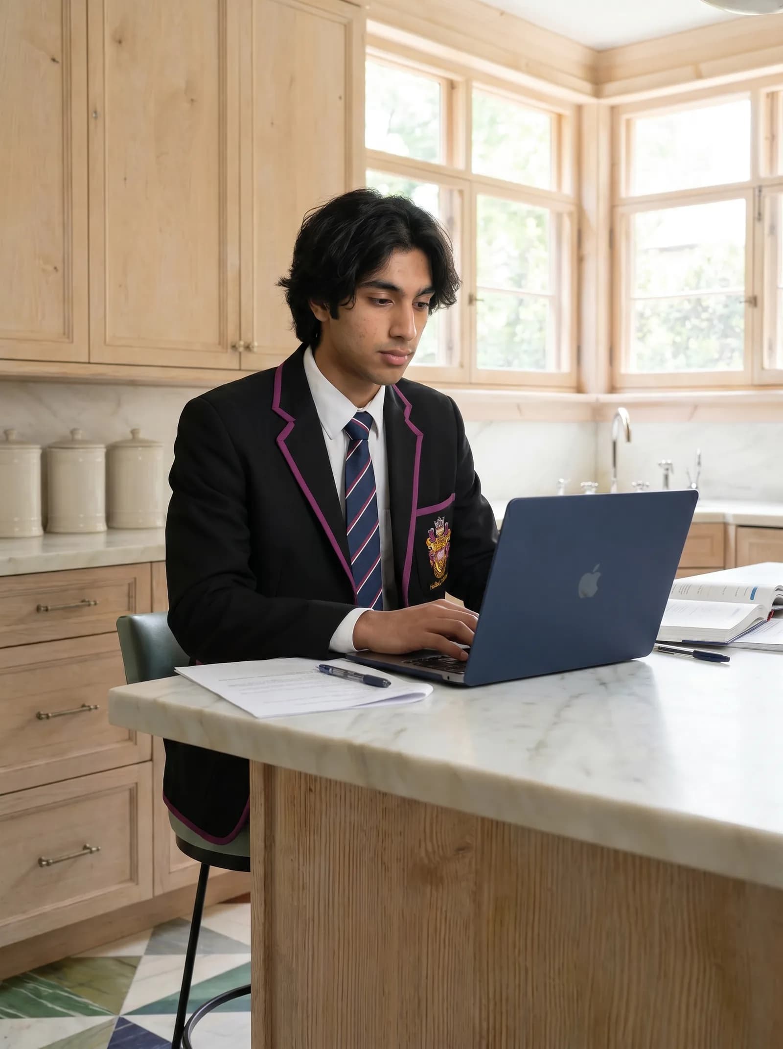 Teenage boy in a school blazer and tie at a marble kitchen island, laptop open, daylight from the window behind him