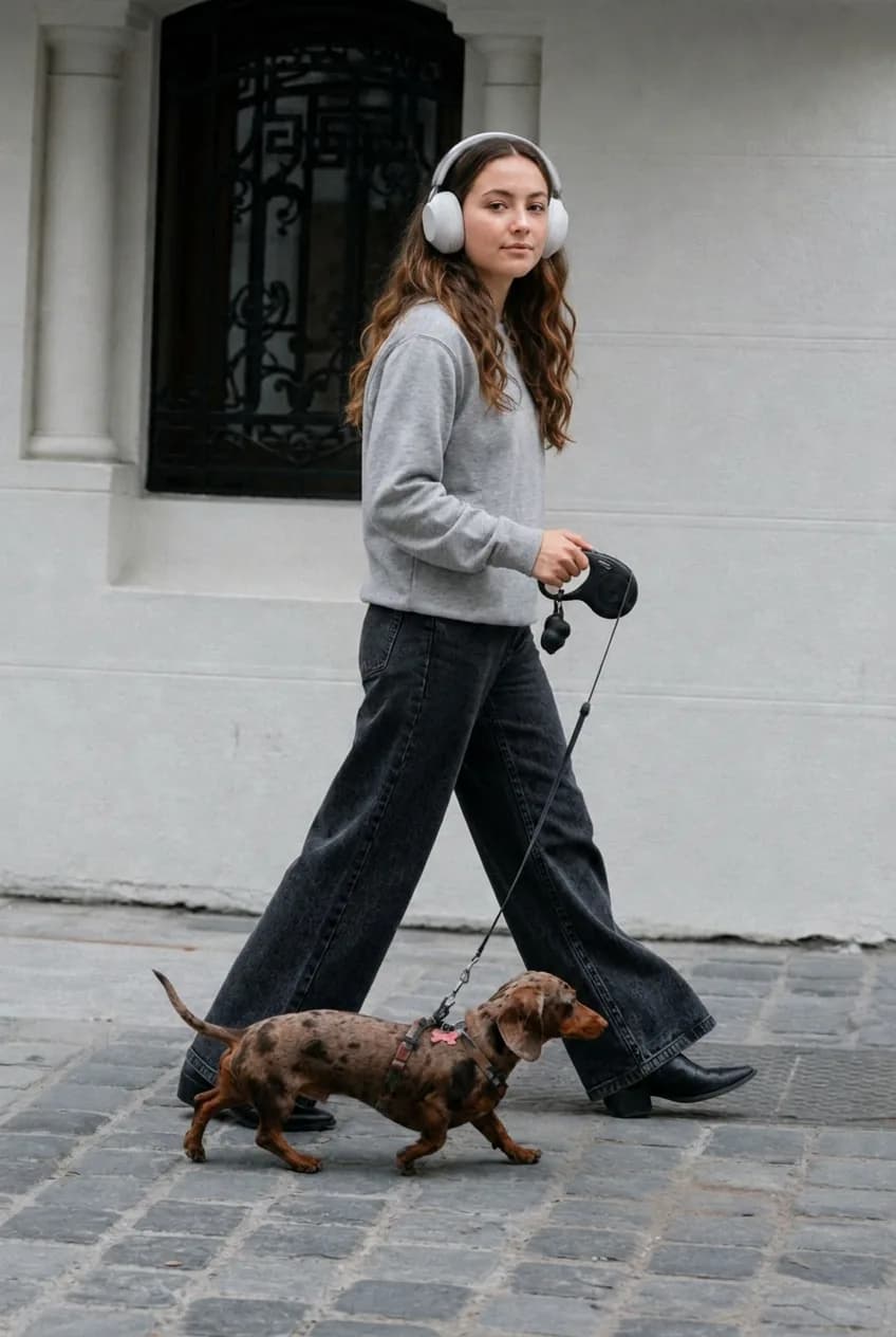 Teenage girl on a city street walking a dachshund on a lead, over-ear headphones, casual outerwear