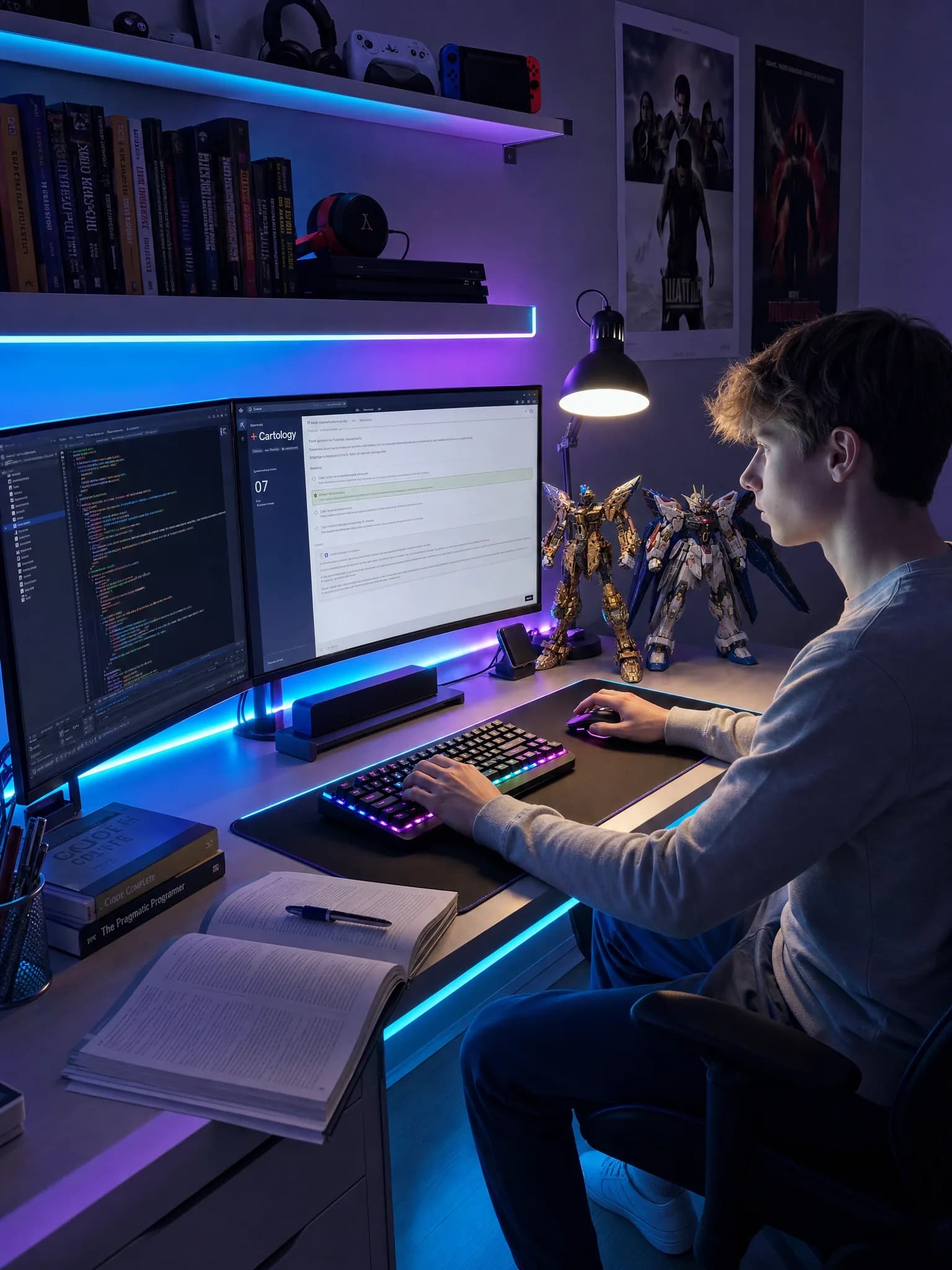 Teenage boy at a desk with dual monitors and ambient RGB lighting, a textbook open beside the keyboard, late evening