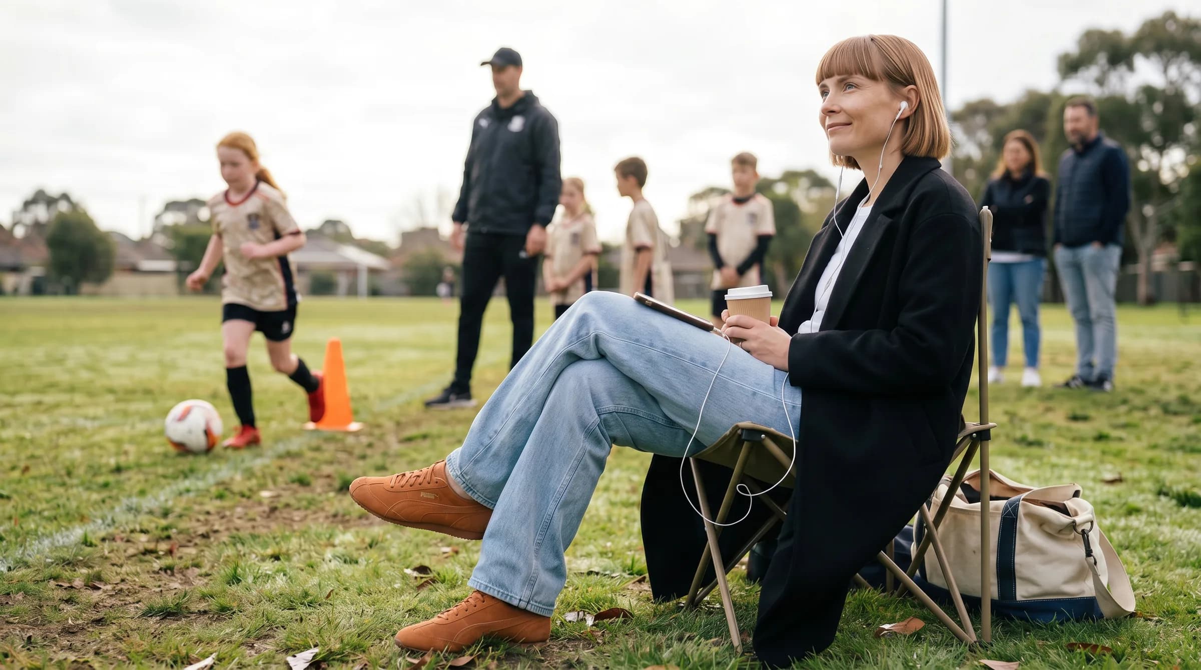 Parent on sideline, phone in hand, kids playing out of focus