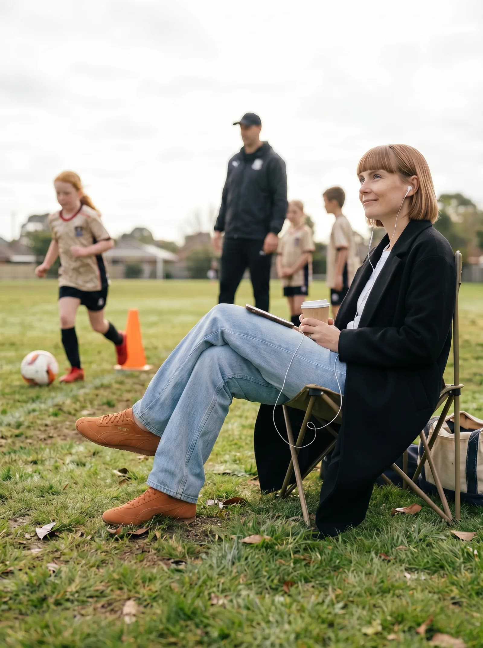 Parent on sideline at soccer practice, kids blurred behind
