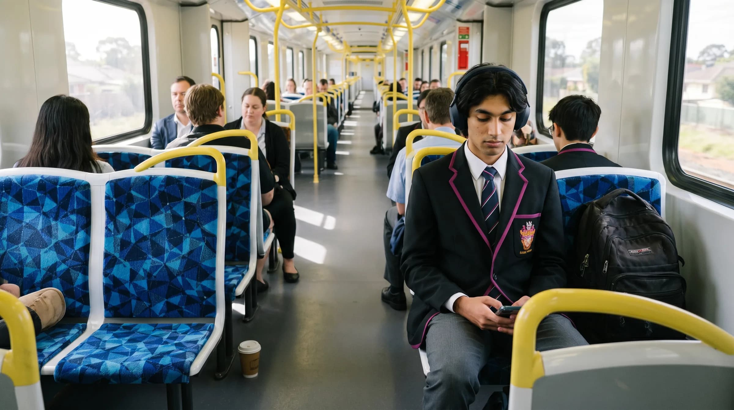 Student in uniform on a morning commuter train, headphones on, phone in hand