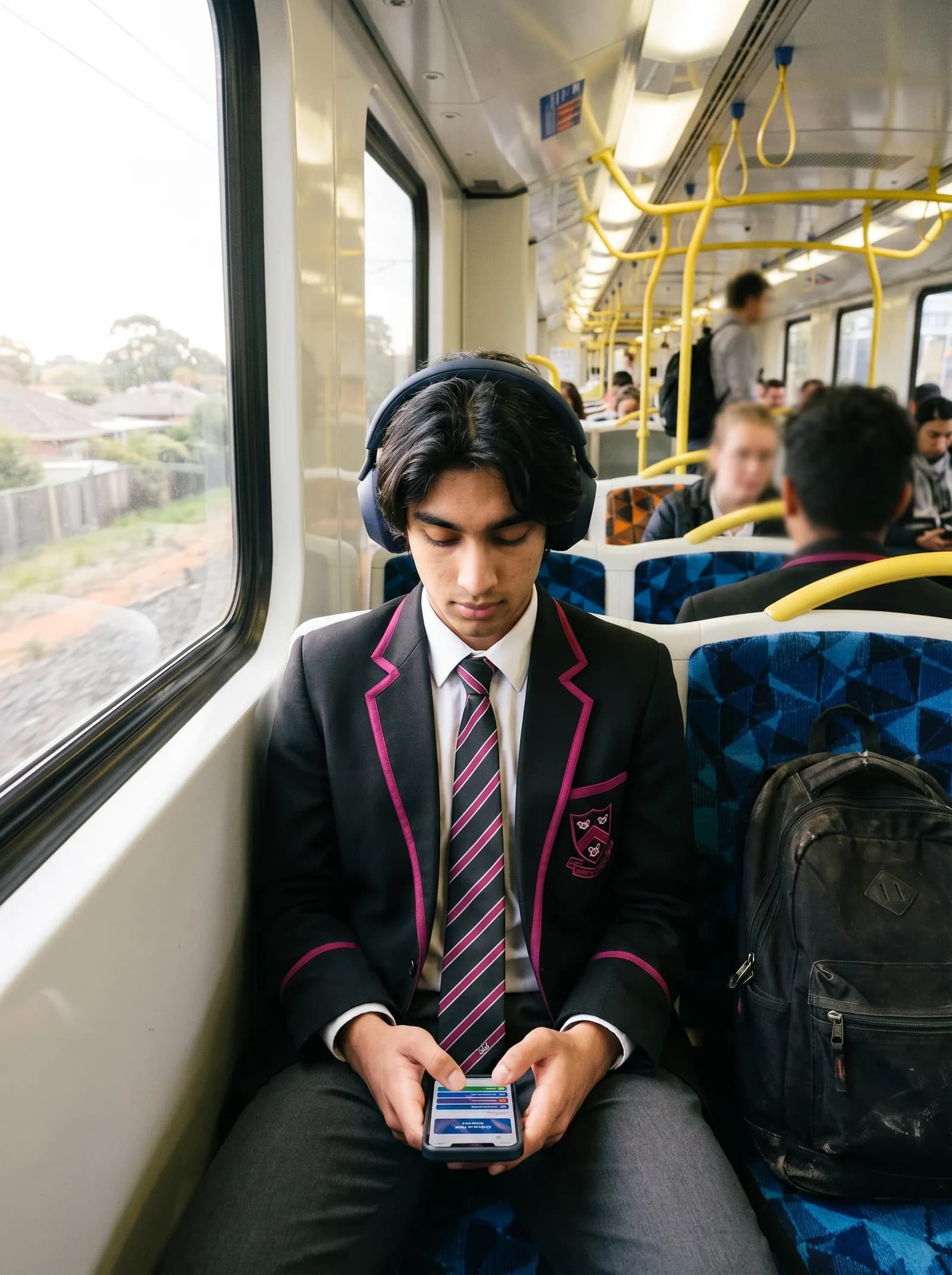 Student in uniform on a commuter train, headphones, phone in hand