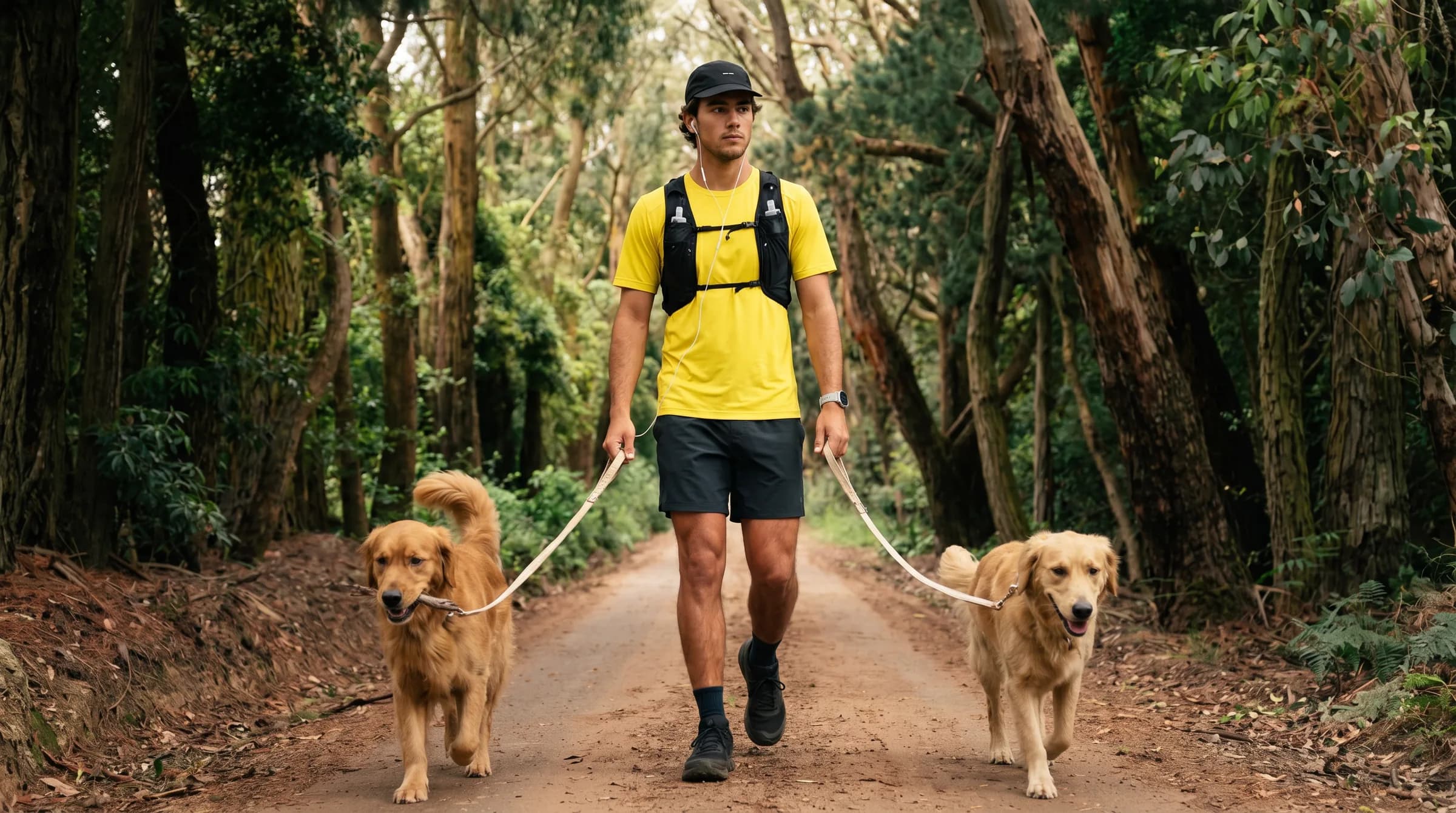 Man walking two golden retrievers on a dirt path, earbuds in