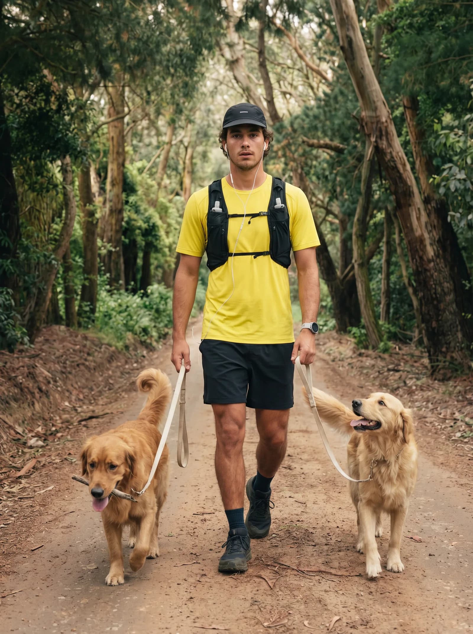 Man walking two golden retrievers, earbuds in